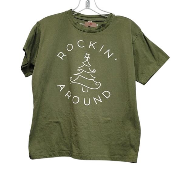 Hand Printed Upcycled Womens Medium Rockin Around Christmas Tree Tee Shirt - Picture 1 of 4